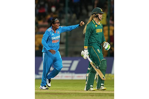 Asha Sobhana celebrates the Annerie Dercksen's wicket 